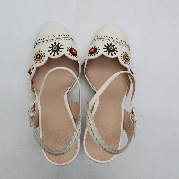 Tory Burch Marguerite Perforated Slingback Heels Women's Size 8.5 Ivory Floral - Picture 9 of 12